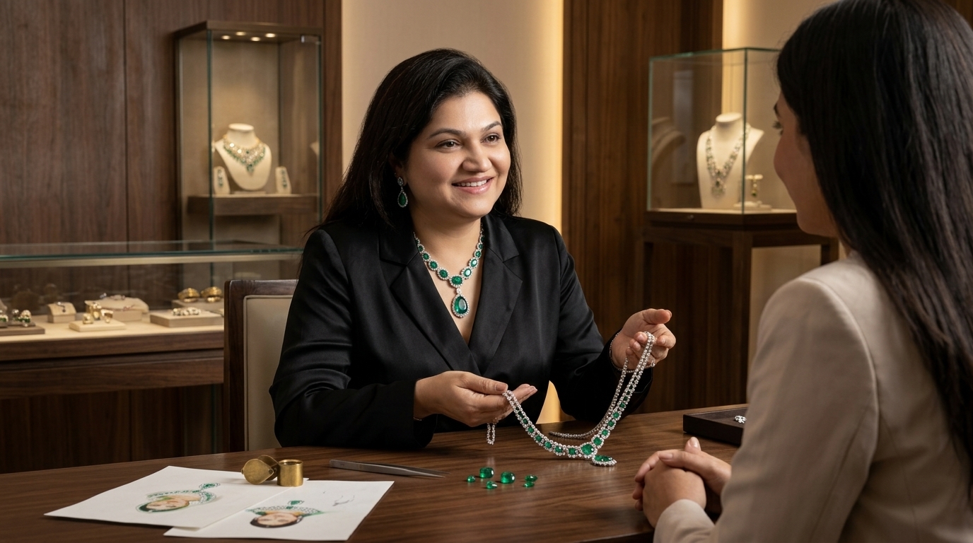 Founder Neeru in her luxury jewellery design atelier office