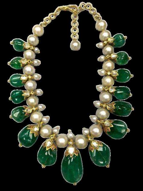 Carved Colombian Emerald & Basra Pearl Mala