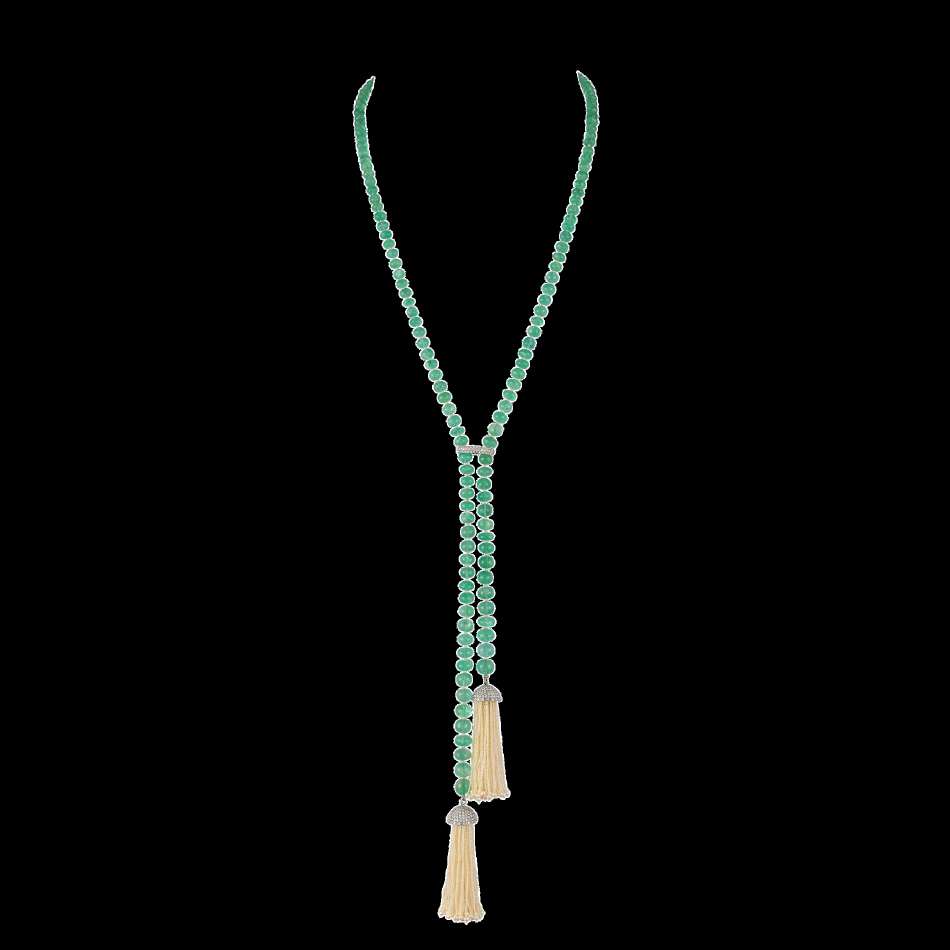 Colombian Emerald Bead Sautoir with Pearl Tassels